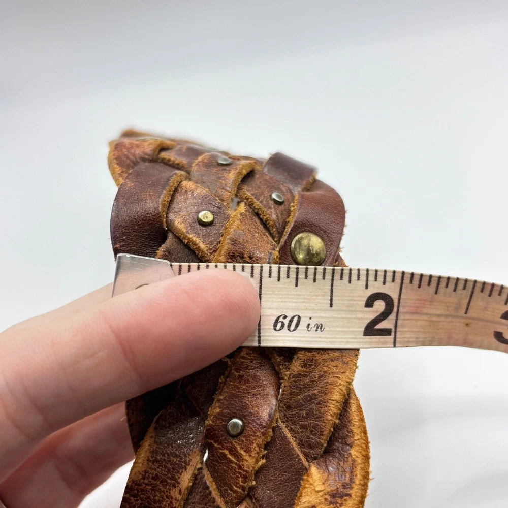 Vintage Wide Braided‎ Brown Leather Studded Belt Round Buckle Mahogany 1.75in OS